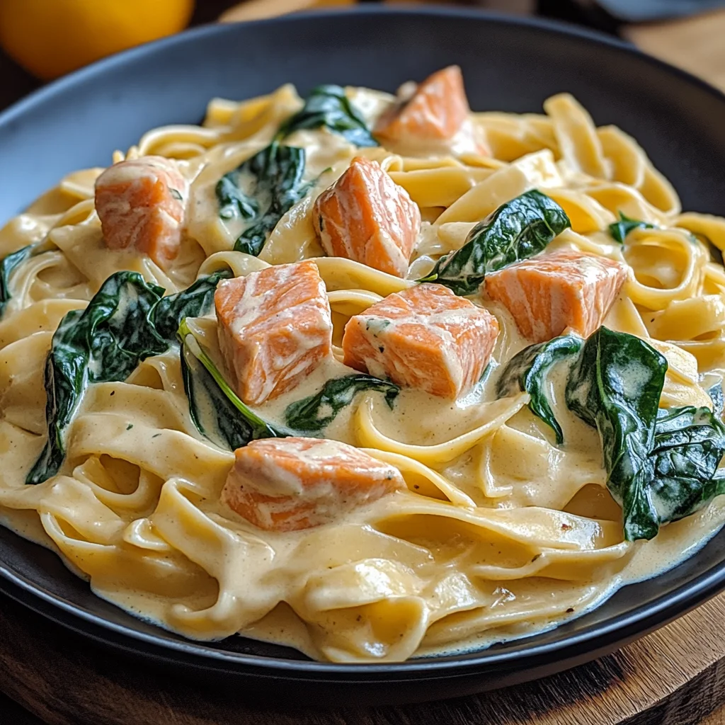 Nudeln in Lachs Sahne Soße mit Spinat