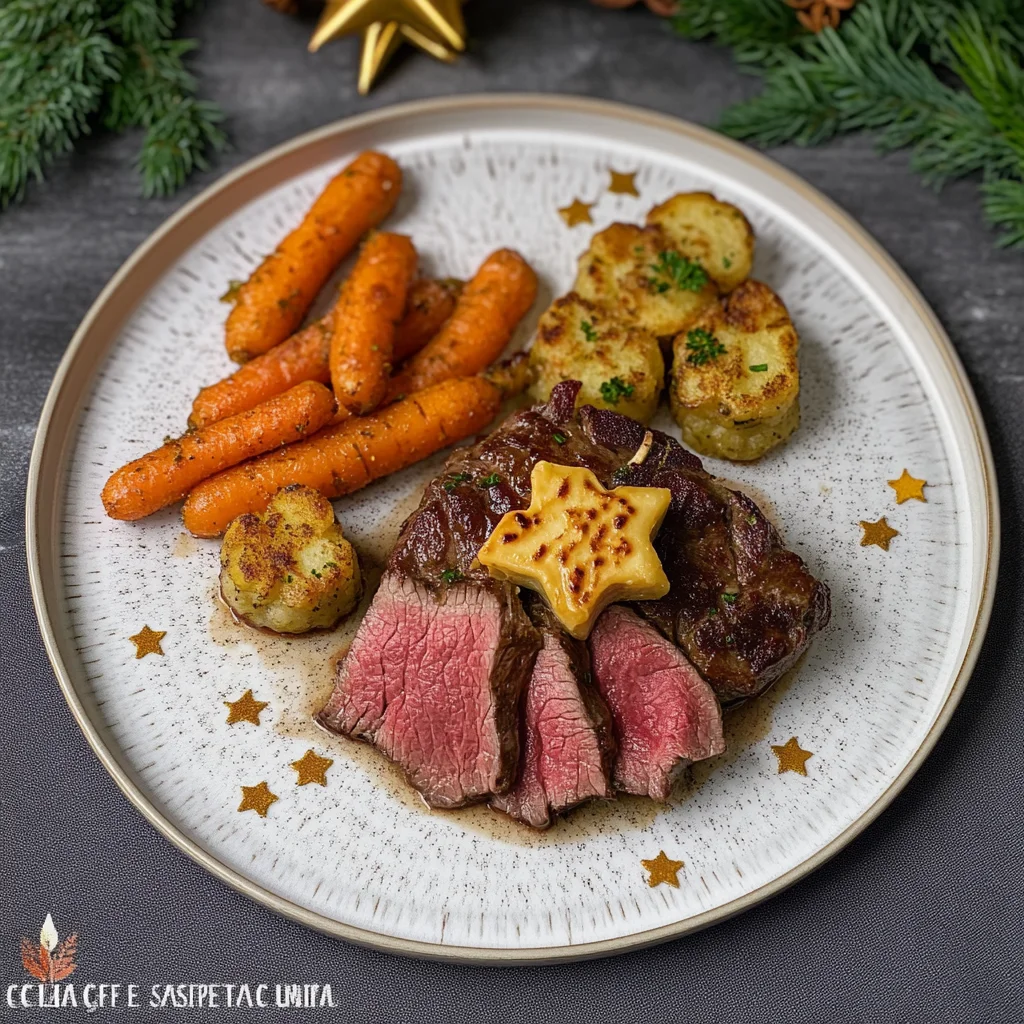 Saftiges Roastbeef mit Café de Paris Butter, Kartoffeltalern und glasierten Möhrchen